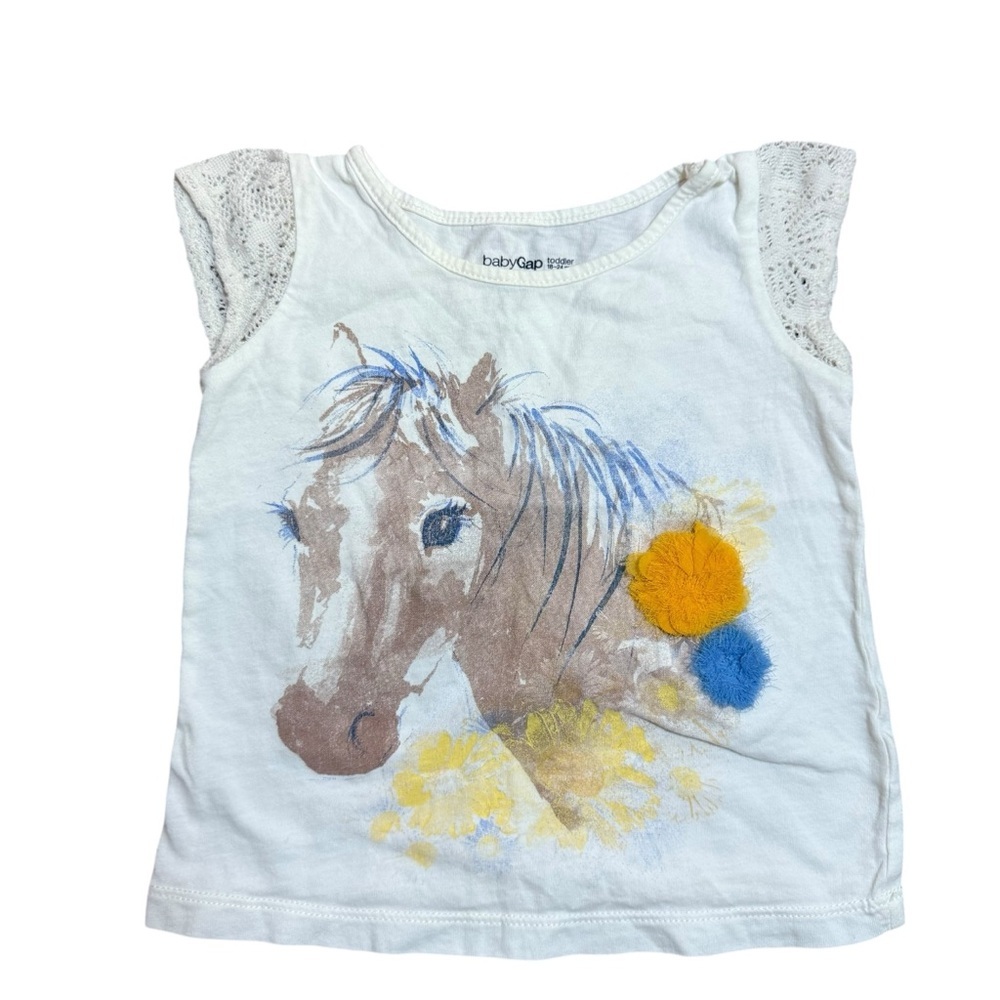 Baby Gap Toddler Girls White Horse Graphic Top Lace Sleeve Size 18–24 Months